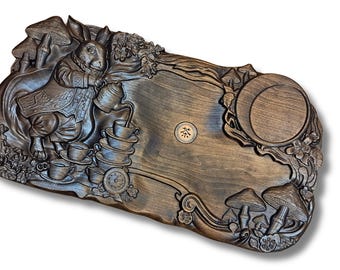 White Rabbit Tea Tray, Alice in Wonderland Tea Table, Hand Carved Wooden Chaban with Drain, Gongfu Tea Board, Unique Tea Lover Gift