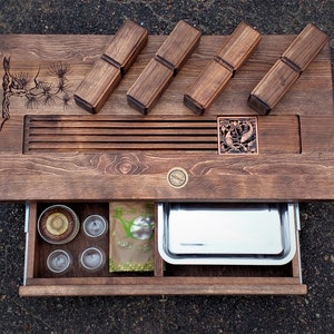 Mesa de centro única con almacenamiento - 2 modos de altura, patas extraíbles - hecha a mano, hermoso diseño, bandeja de té para él, taza maestra de té - TMC, yoga