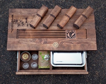 Mesa de centro única con almacenaje - 2 alturas ajustables, patas desmontables - hecha a mano, diseño elegante, bandeja de té para él