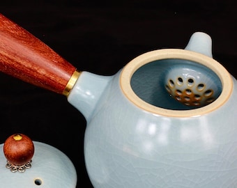 Ru Kiln Teapot with Side Handle | Porcelain Kyusu-Style Thick Celadon Glaze Gongfu Teaware Ru yao | Unique Gift for Tea Lovers