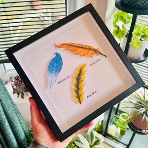 May include: A square black frame containing three pixel art feathers on a white background. The feathers are coloured orange, blue, and yellow, labelled with the text #0144 ARTICUNO, #0145 ZAPDOS, and #0146 MOLTRES in small black lettering.