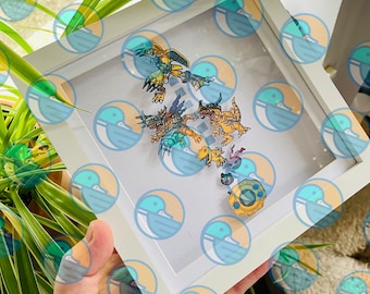 DigiDESTINED (CLÁSICO) - Arte de papel 3D enmarcado con caja de sombras y pixel art de Digivice/Digimon