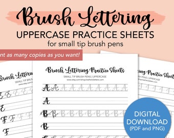 Hojas de práctica de letras con pincel en mayúsculas para principiantes / Rotuladores con pincel de punta pequeña / Hojas de trabajo de caligrafía sencilla