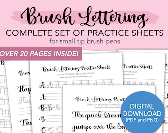 Complete Set of Brush Lettering Practice Sheets for Beginners | Easy Calligraphy Worksheets | Small Tip Brush Pens