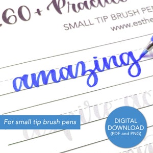 Puede incluir: Un bol&iacute;grafo de pincel azul escribe la palabra "amazing" en una hoja de papel rayada. El texto "For small tip brush pens" es visible debajo de la palabra. El texto "DIGITAL DOWNLOAD (PDF and PNG)" es visible en la esquina inferior derecha de la imagen.