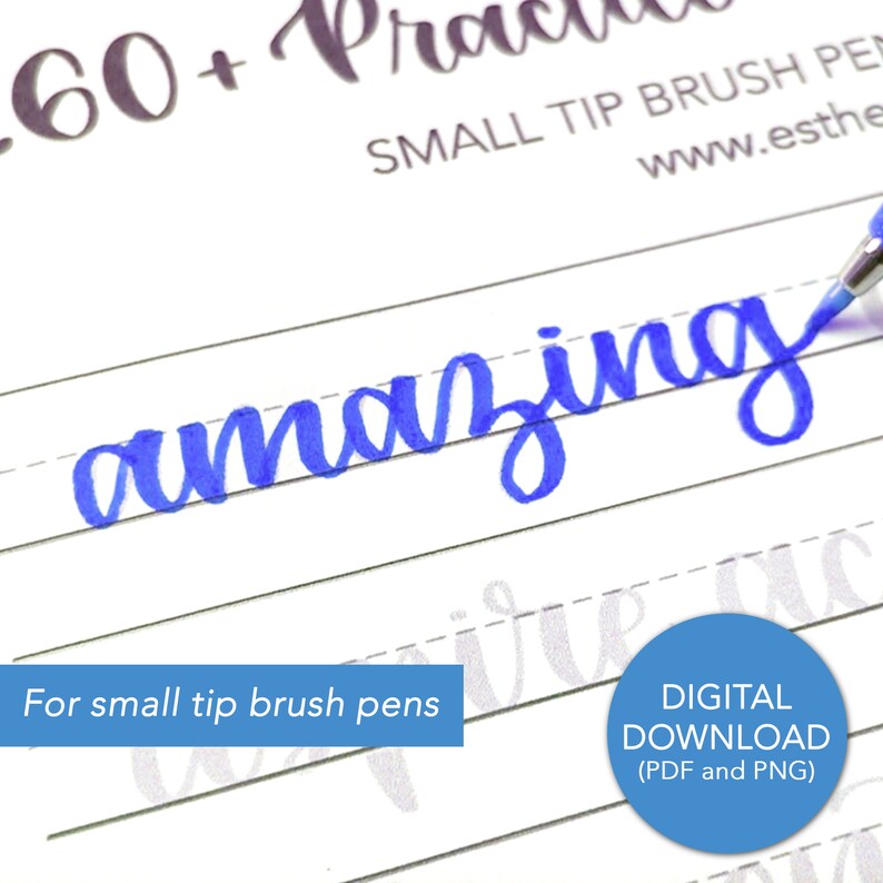 Puede incluir: Un bol&iacute;grafo de pincel azul escribe la palabra "amazing" en una hoja de papel rayada. El texto "For small tip brush pens" es visible debajo de la palabra. El texto "DIGITAL DOWNLOAD (PDF and PNG)" es visible en la esquina inferior derecha de la imagen.