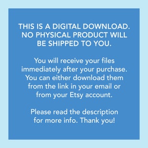 Puede incluir: Texto azul sobre un fondo azul claro con el mensaje: "Esta es una descarga digital. No se enviar&aacute; ning&uacute;n producto f&iacute;sico. Recibir&aacute;s tus archivos inmediatamente despu&eacute;s de tu compra. Puedes descargarlos desde el enlace de tu correo electr&oacute;nico o desde tu cuenta de Etsy. Por favor, lee la descripci&oacute;n para obtener m&aacute;s informaci&oacute;n. &iexcl;Gracias!"