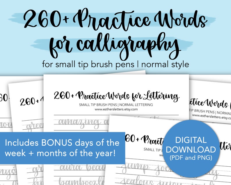 Puede incluir: Una descarga digital de m&aacute;s de 260 palabras de pr&aacute;ctica para caligraf&iacute;a, dise&ntilde;adas para bol&iacute;grafos de pincel de punta fina. Las palabras est&aacute;n en un estilo normal e incluyen d&iacute;as adicionales de la semana y meses del a&ntilde;o. La descarga est&aacute; disponible en formatos PDF y PNG.