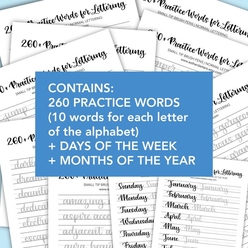 Puede incluir: Primer plano de una pila de papeles con el texto "260 Practice Words" y "Contains: 260 Practice Words (10 words for each letter of the alphabet) + Days of the Week + Months of the Year". Los papeles son para practicar la caligraf&iacute;a y presentan una variedad de palabras, d&iacute;as de la semana y meses del a&ntilde;o.