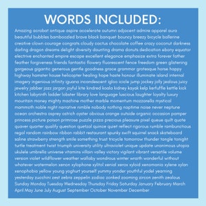 Puede incluir: Un fondo azul con texto blanco que enumera palabras de la A a la Z. El texto dice "WORDS INCLUDED:" seguido de una lista de palabras en orden alfab&eacute;tico.