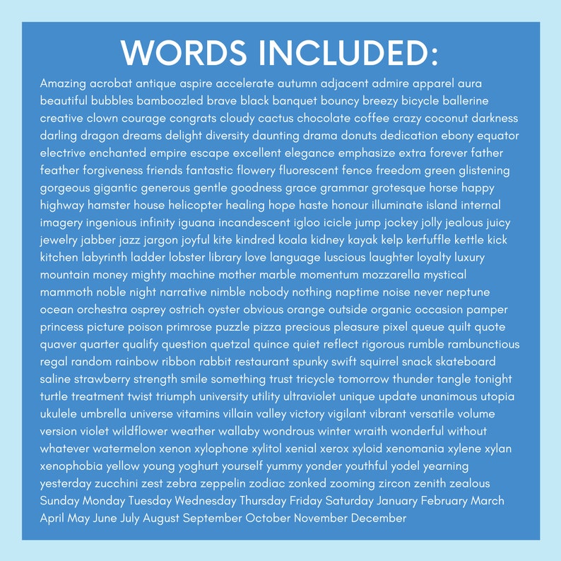 Puede incluir: Un fondo azul con texto blanco que enumera palabras de la A a la Z. El texto dice "WORDS INCLUDED:" seguido de una lista de palabras en orden alfab&eacute;tico.