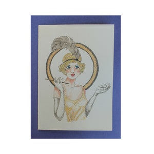 May include: A drawing of a woman in a gold dress with a feather in her hair. She is holding a cigarette in her right hand and her left hand is raised. The background is a light brown color.