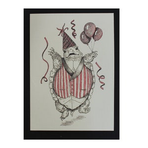 Celebration Turltle /Turtle Birthday/ Turtle with balloons/ Turtle card/Stipple art/ All cards fits into a 5&quot;x7&quot; frame!/PERSONALIZE IT!