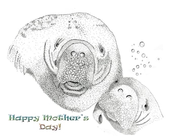 Mothers Day Manatee/Manatee Mom and baby/Mothers day manatee card  All cards fits into a 5"x 7" frame! PERSONALIZE IT!