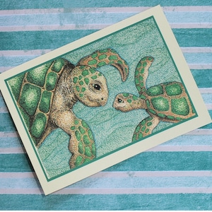 May include: A green and brown sea turtle with a smaller green and brown sea turtle swimming beside it. The turtles are swimming in a blue and green ocean.
