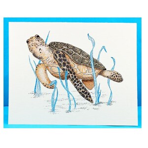 May include: A detailed illustration of a sea turtle swimming in blue water with sea grass. The turtle has a brown and tan shell and body, with black spots on its flippers. The artwork is set against a white background with a blue border.