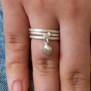 Dangle Ring Set, Seashell Charm Ring, Sterling Silver Ring Set, Stacking Ring Silver, Seashell Ring, Ring Set for Women, Boho Silver jewelry