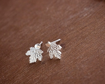 Silver Earrings for Women, Leaf Stud Earrings, Small Leaf Studs, Tiny Leaf Earring, 925 Silver Studs, Boho Silver Jewelry, Maple Leaf, fig