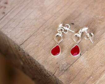 Silver Earrings for Women, Tiny Red Earrings, Infinity Silver Earrings, Teardrop Earrings, Red Dangle Earrings, Unique Silver Earrings, Gift