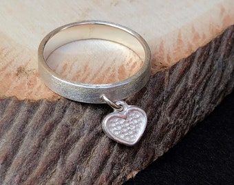 Sterling Silver Charm Ring, Dangle Ring, Heart Charm Ring, Charm Ring for Women, Stacking Ring Silver, Heart Ring, Unique Silver Jewelry