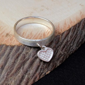 Sterling Silver Charm Ring, Dangle Ring, Heart Charm Ring, Charm Ring for Women, Stacking Ring Silver, Heart Ring, Unique Silver Jewelry