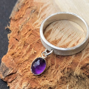 Ring with Dangle, Amethyst Ring, Silver Charm Ring, Ring for Women, Silver Gemstone Ring, Boho Stone Ring, Purple Stone Ring, Boho Jewelry