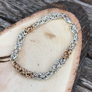 Silver Bracelet for Men, Chunky Bracelet, Men&#39;s Chain Bracelet, Byzantine Jewelry, Chainmaille Bracelet, Silver and Gold filled Bracelet