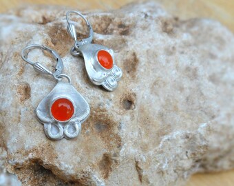 Carnelian Earrings, Gemstone Earrings for Women, Ethnic Silver Earrings, Boho Silver jewelry, Hamsa Earrings, Orange Stone Dangle Earrings