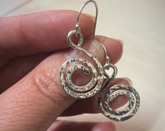 Unique Silver Earrings for Women, Spiral Earrings Silver, Hammered Earring, Dangle Silver Earrings, Spiral Drop Earring,Large Silver Earring