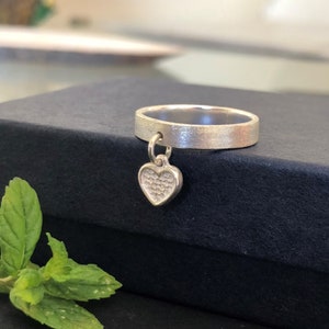 Sterling Silver Charm Ring, Dangle Ring, Heart Charm Ring, Charm Ring for Women, Stacking Ring Silver, Boho Heart Ring,Unique Silver Jewelry