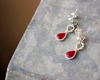 Tiny Red Earrings, Post Dangle Earrings, Teardrop Earrings, Unique Silver Earrings, Red Dangle Earrings, Small Silver Earrings, Drop Studs