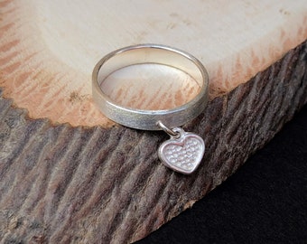 Sterling Silver Ring for Women, Heart Ring, Charm Ring, Dangle Ring, Friendship Ring, Stacking Ring Silver, Boho Ring,Unique Jewelry Gift