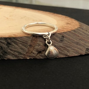 Seashell Ring, Sterling Silver Charm Ring, Dangle Ring, Charm Ring for Women, Stacking Ring Silver, Boho Silver Ring, Unique Silver Jewelry