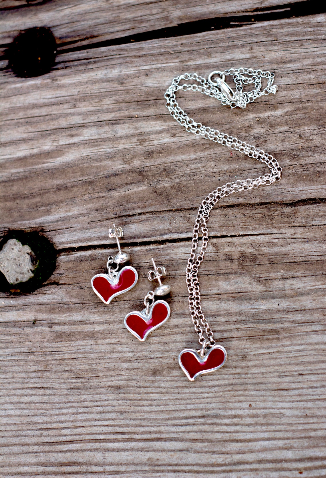 Sterling Silver Heart Necklace & Earrings Set With Gemstone – Choose Your Color! - View #2