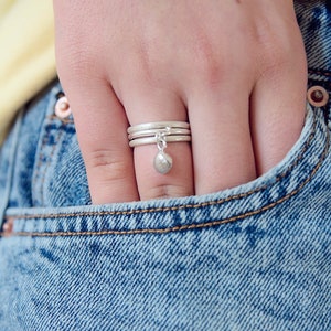 Sterling Silver Ring Set, Stacking Ring Silver, Ring with Charm, Seashell Ring, Dangle Ring, Ring Set for Women, Boho Silver jewelry, 3 Set