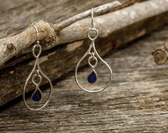 Blue Silver Earrings, Silver Teardrop Earrings, Large Drop Earrings, Long Silver Earrings, Boho Silver Earrings, Dangle Blue Earrings, Gift