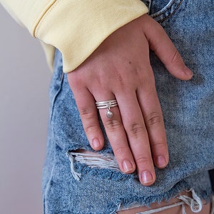 Seashell Charm Ring, Sterling Silver Ring Set, Stacking Ring Silver, Seashell Ring, Dangle Ring, Ring Set for Women, Boho Silver jewelry, 3