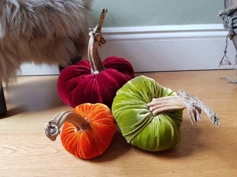 Silk velvet pumpkin Fall Sunrise trio with real pumpkin stem