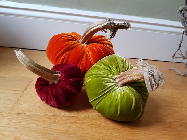 Silk velvet pumpkin Fall Sunrise trio with real pumpkin stem