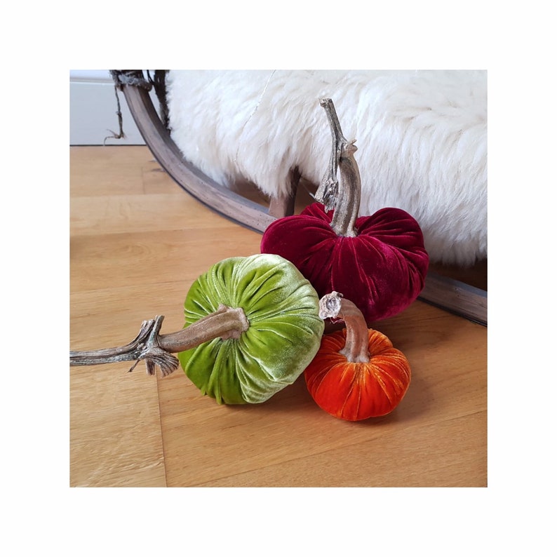 Silk velvet pumpkin Fall Sunrise trio with real pumpkin stem