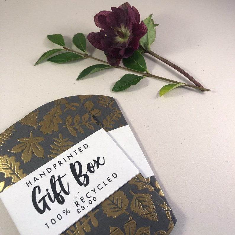 Handprinted Gold Embossed Recyled Gift Box Gold Leaf Design