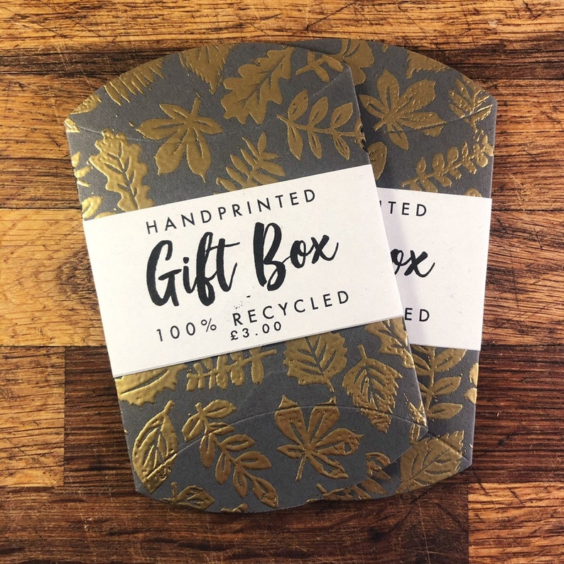 Handprinted Gold Embossed Recyled Gift Box Gold Leaf Design