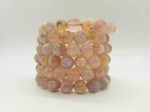 Flower Agate Beaded Crystal Bracelet, Sakura Agat… - image 1
