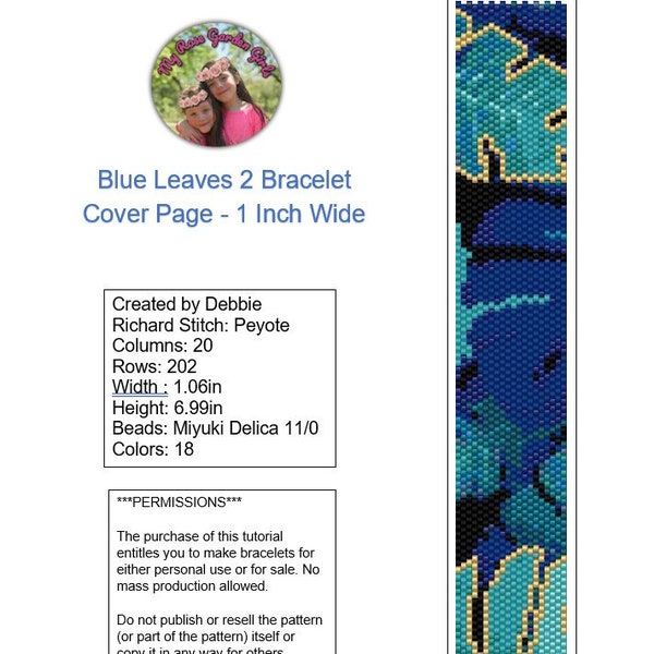 NEW!!  1 Inch Wide Blue Leaves 2 Bracelet Pattern - Even Count