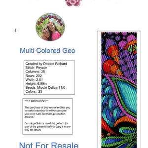 Puede incluir: Patrón de abalorios Multi Colored Geo, un diseño geométrico colorido con fondo negro. El patrón tiene 5,1 cm de ancho y 17,7 cm de alto. Utiliza 25 colores de abalorios Miyuki Delica 11/0. El patrón no está a la venta.