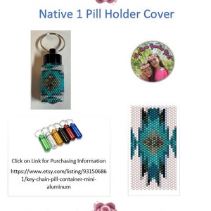 May include: A turquoise, white, and black beaded cover for a small pill holder. The cover is designed with a geometric pattern. The pill holder is attached to a silver key chain. The image also shows a close-up of the cover and a link to purchase the item on Etsy.