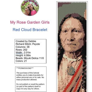 May include: A digital pattern for a beaded bracelet, featuring a portrait of a Native American man. The pattern is created using Peyote stitch and Miyuki Delica beads. The design is 2.01 inches wide and 6.99 inches high. The text reads "My Rose Garden Girls Red Cloud Bracelet".
