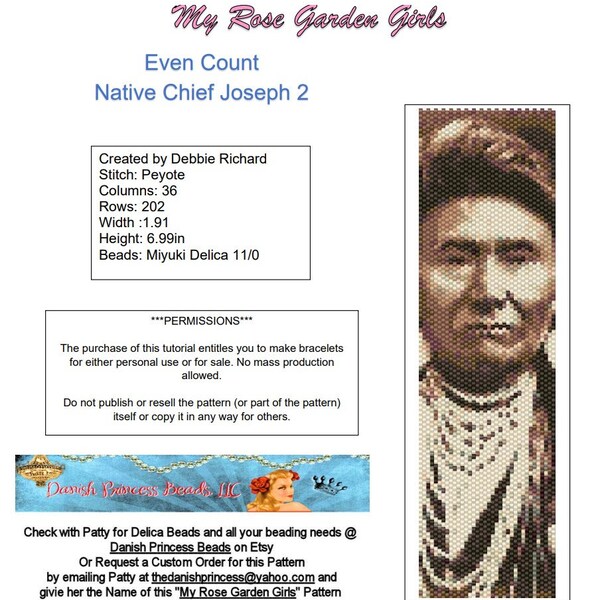 Native Chief Joseph 2 Peyote Bracelet Pattern - Even Count