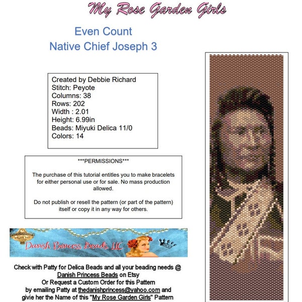 Native Chief Joseph 3 Peyote Bracelet Pattern - Even Count