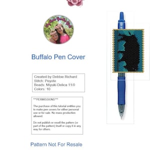 May include: A blue pen with a black beaded pen cover featuring a buffalo design. The pen cover is made with Miyuki Delica 11/0 beads and is 10 colors. The pattern is not for resale.  www.etsy.com/shop/MyRoseGardenGirls